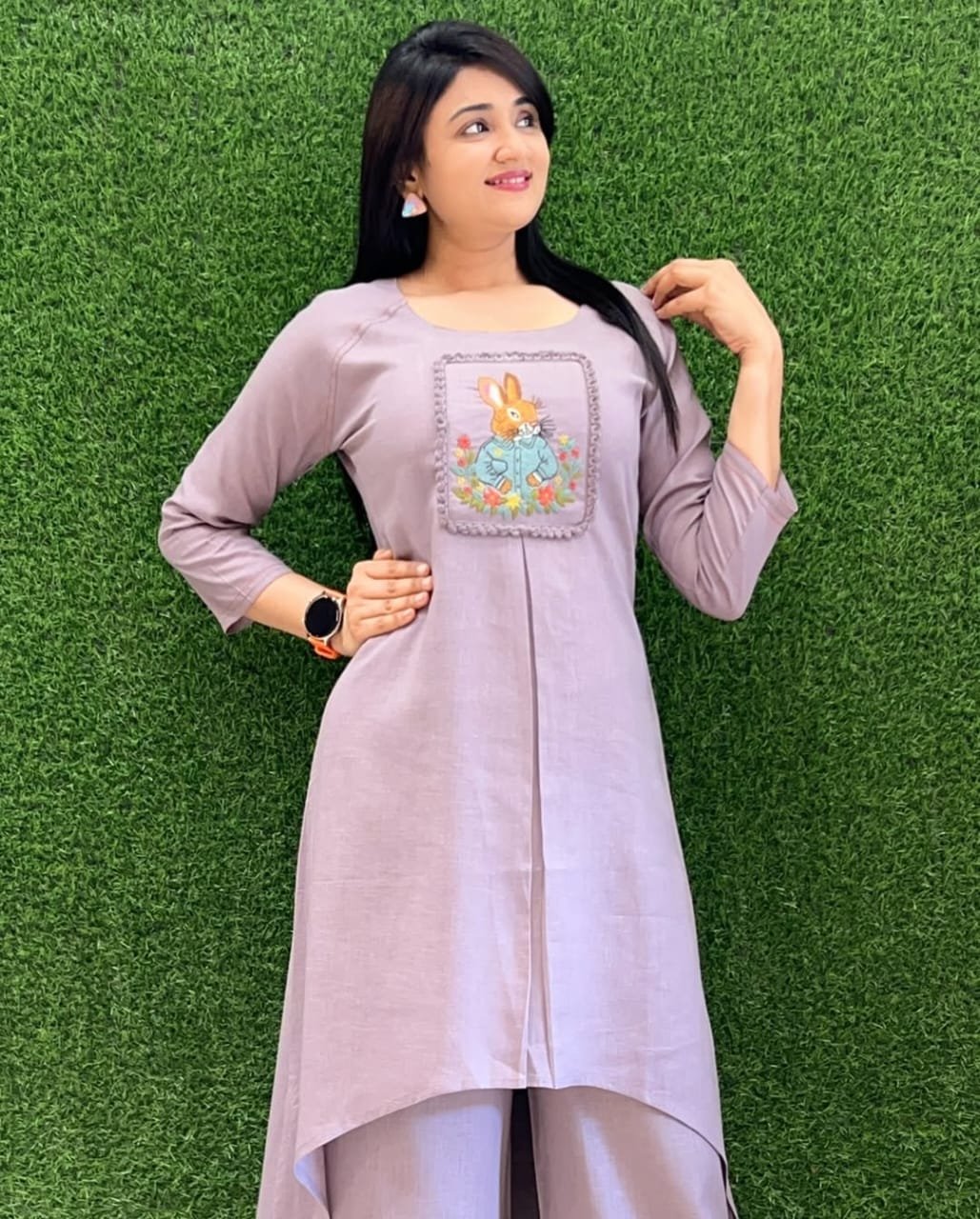 Purple Cotton Slub Embroidered Tunic Set
